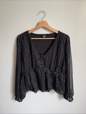 Old Navy Black Sheer Peasant Blouse with Silver Dot Accents